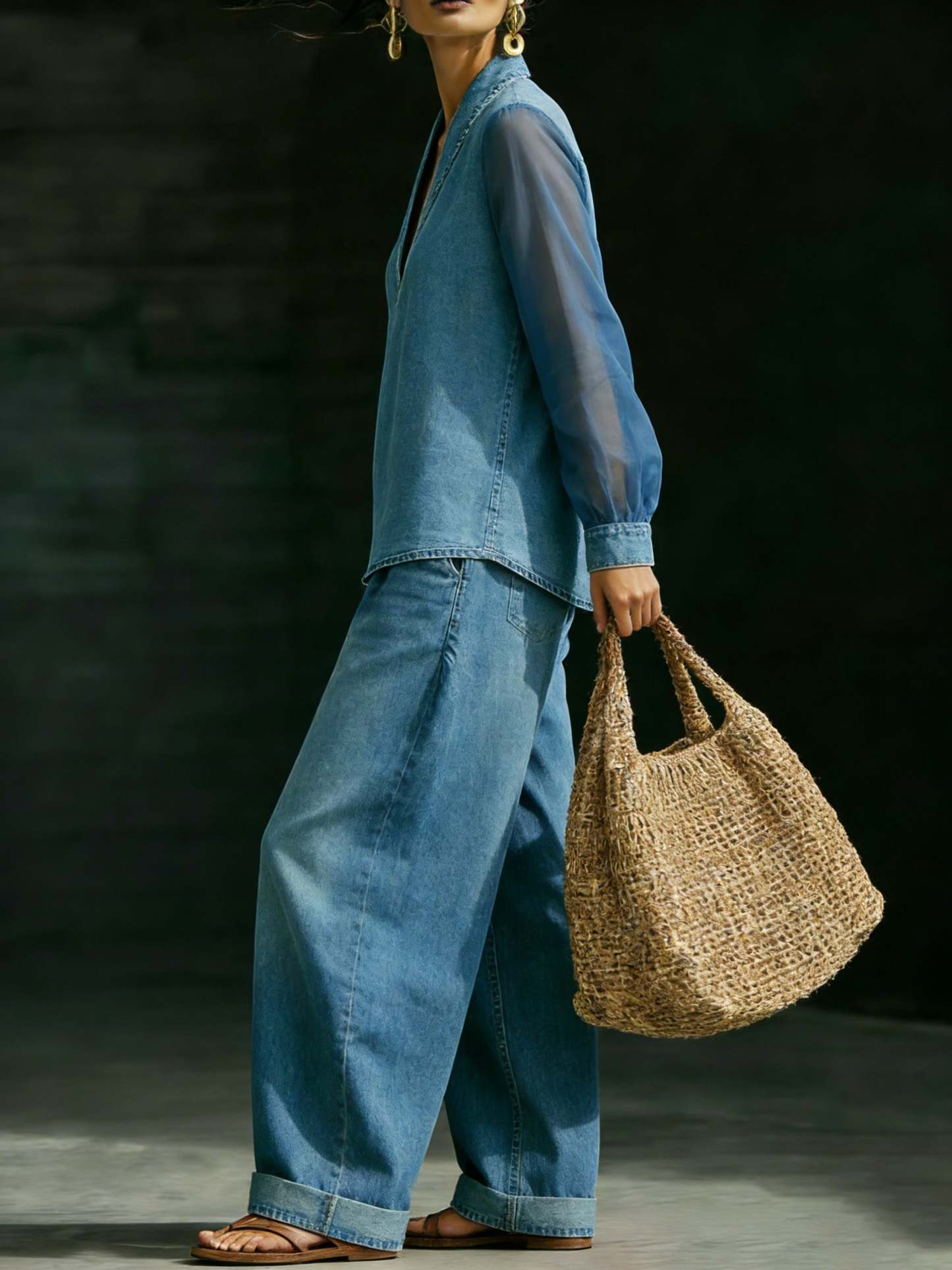 Elegant Stylish Mesh Sleeves Top Denim Two-piece Set