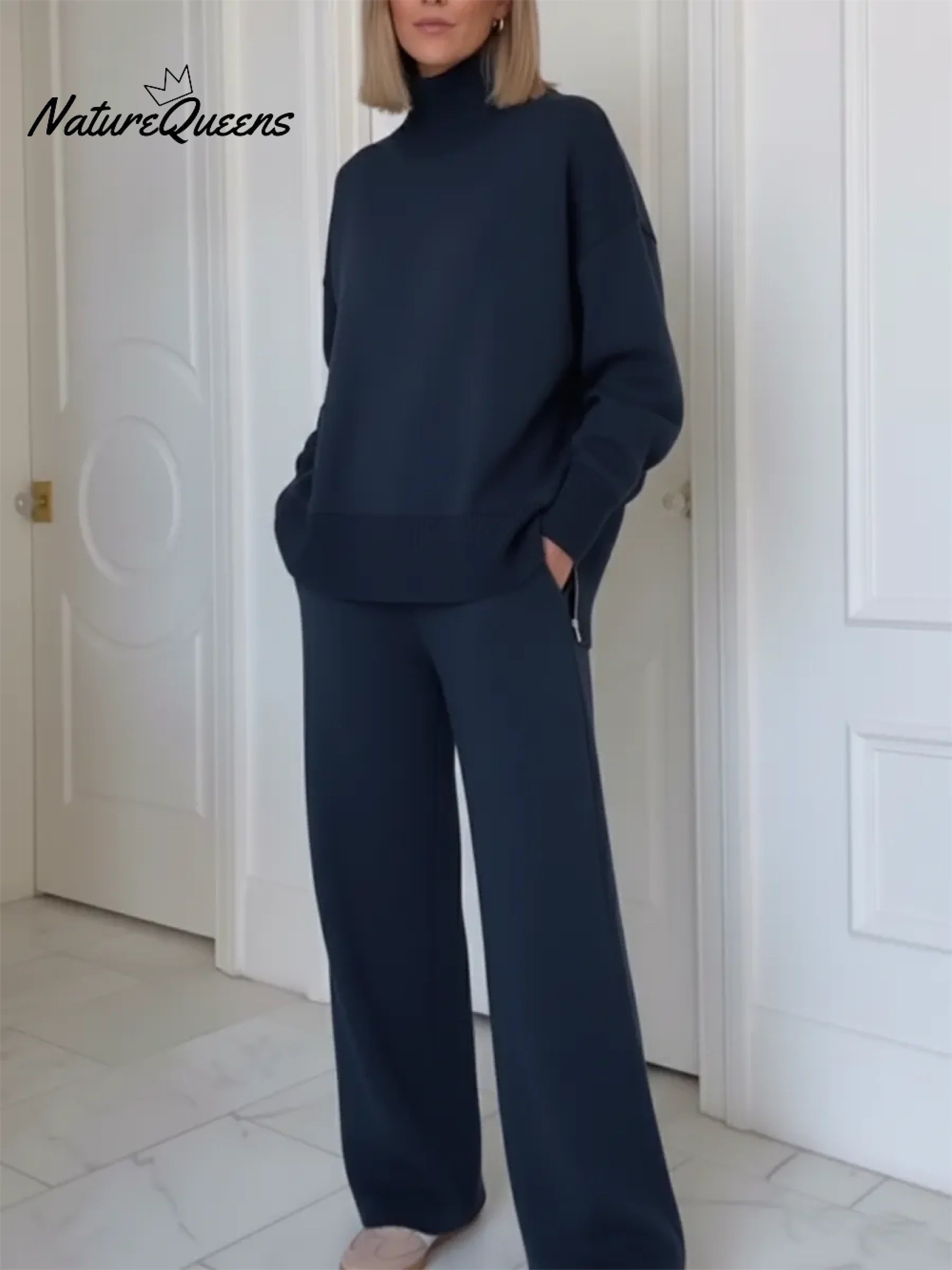 Casual Travel Stand Collar Side Zipper Top Straight Pants Two-Piece Set