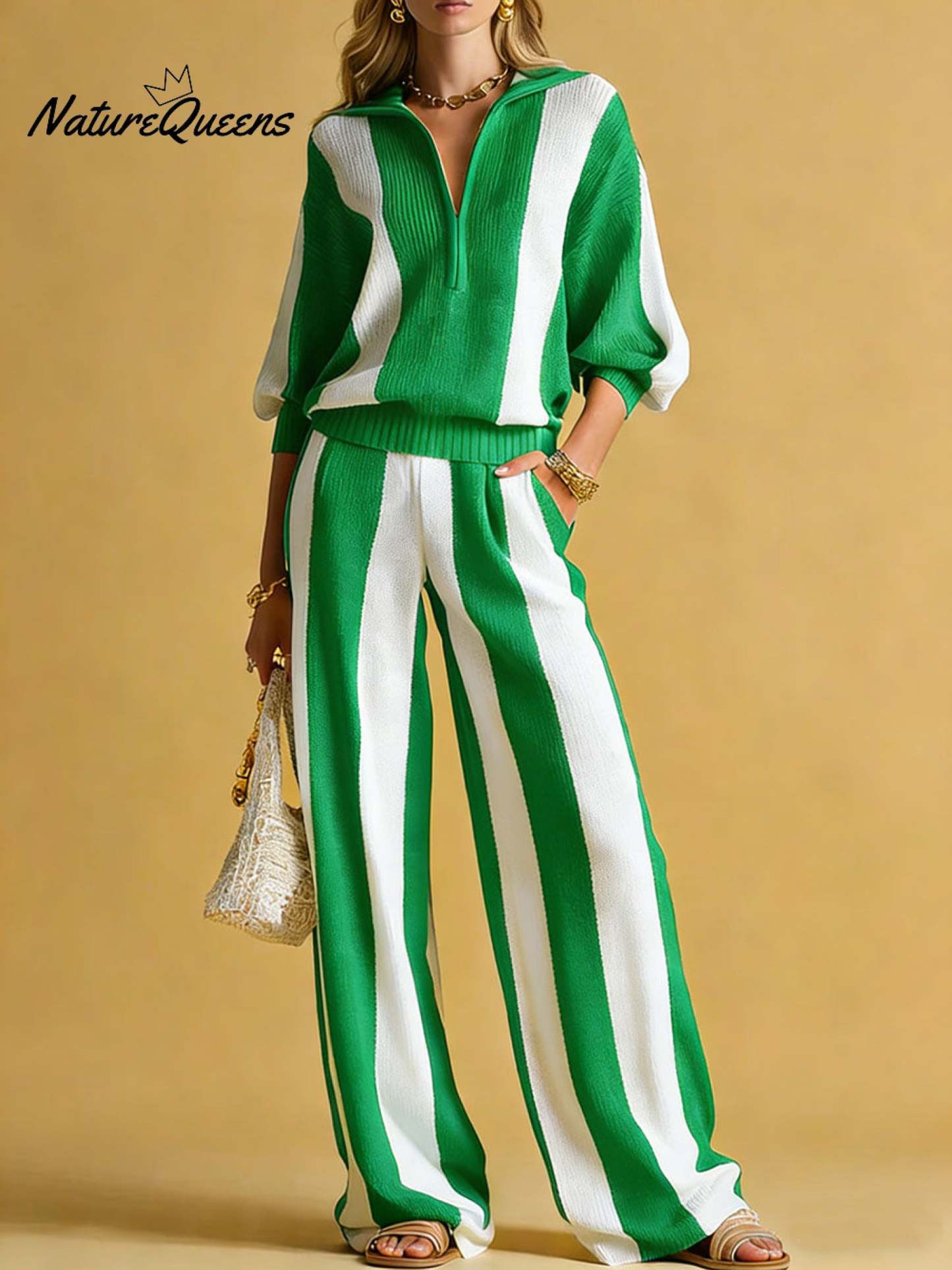 Women's Striped Print Cardigan Collar Three-quarter Sleeve Knitted Top And High-waisted Casual Loose Wide-leg Pants Knitted Set.