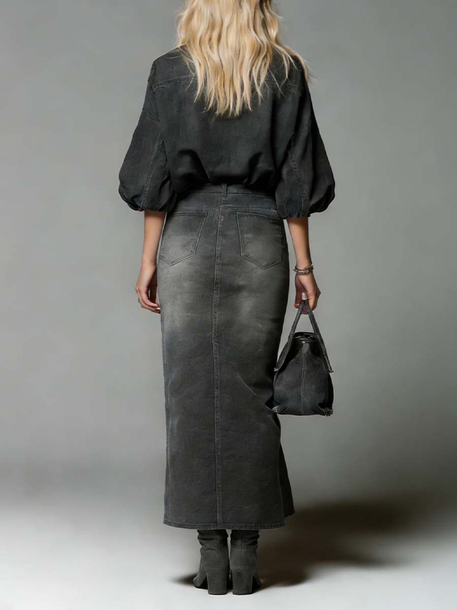 Women's V-neck 3/4 Sleeve Denim Top And High-waisted Casual Loose Denim Skirt Set