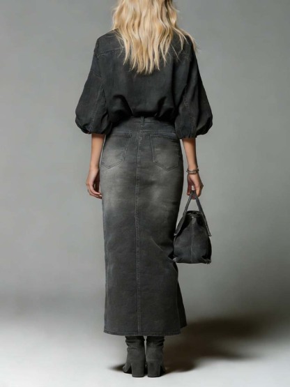 Women's V-neck 3/4 Sleeve Denim Top And High-waisted Casual Loose Denim Skirt Set