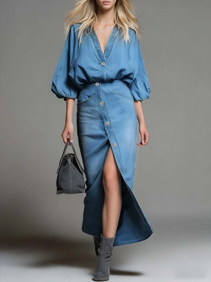 Women's V-neck 3/4 Sleeve Denim Top And High-waisted Casual Loose Denim Skirt Set