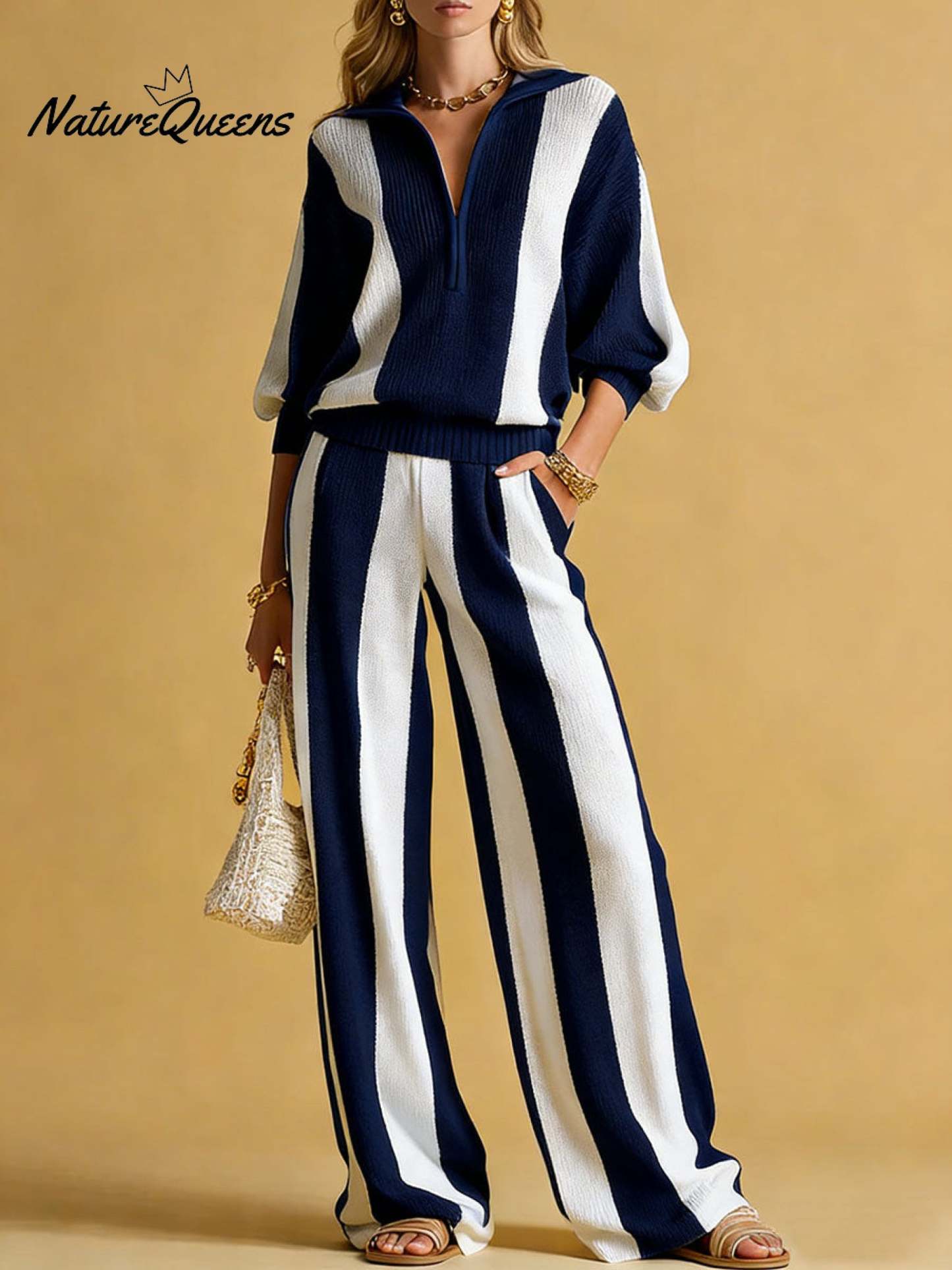 Women's Striped Print Cardigan Collar Three-quarter Sleeve Knitted Top And High-waisted Casual Loose Wide-leg Pants Knitted Set.