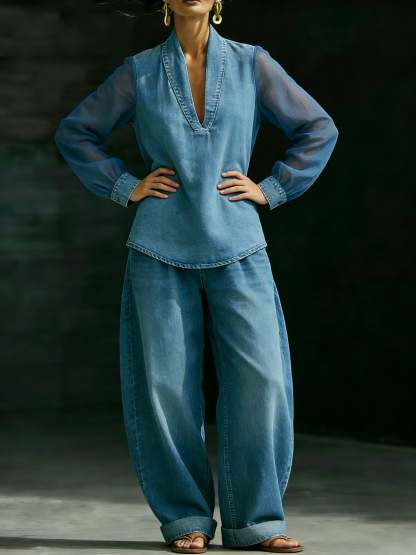 Elegant Stylish Mesh Sleeves Top Denim Two-piece Set