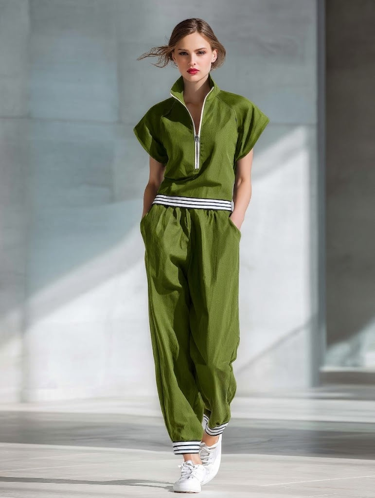Athletic-casual Style Half-zip Cotton Top And Pants Two-piece Set
