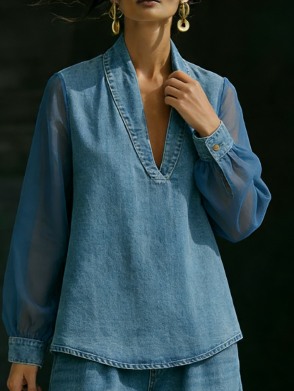 Elegant Stylish Mesh Sleeves Top Denim Two-piece Set