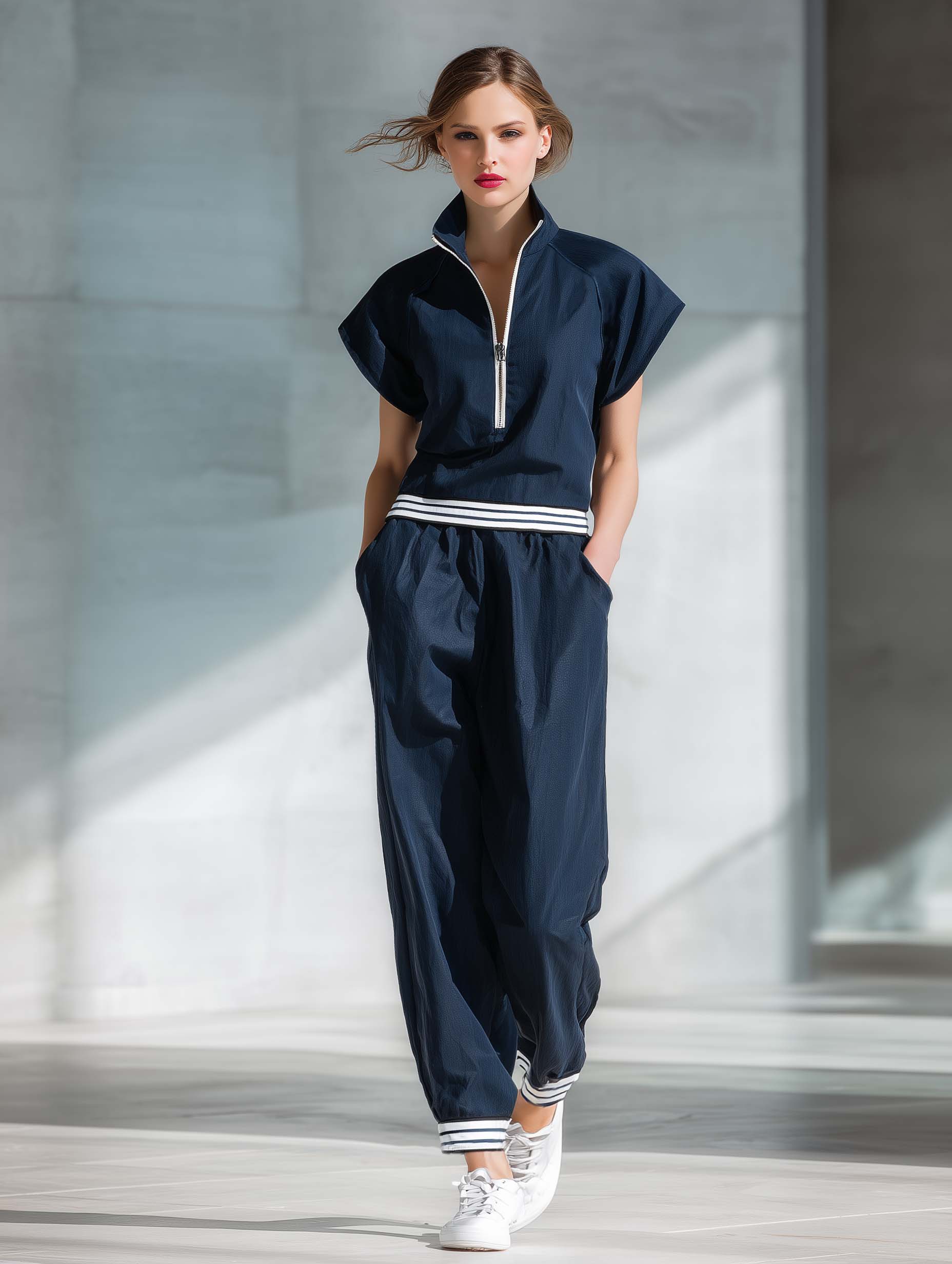 Athletic-casual Style Half-zip Cotton Top And Pants Two-piece Set