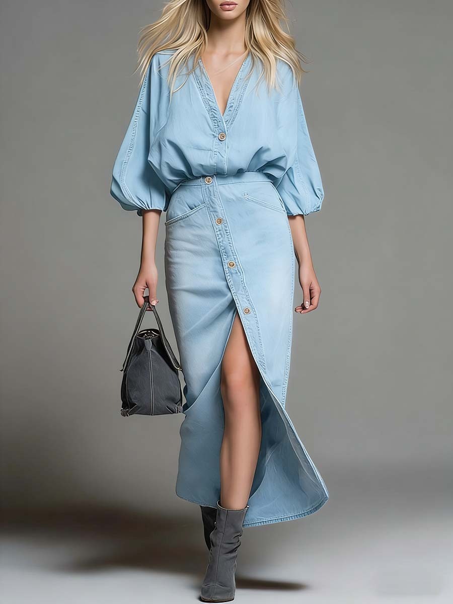 Women's V-neck 3/4 Sleeve Denim Top And High-waisted Casual Loose Denim Skirt Set