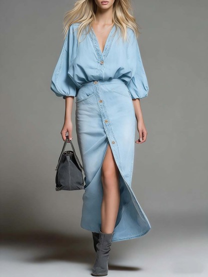 Women's V-neck 3/4 Sleeve Denim Top And High-waisted Casual Loose Denim Skirt Set