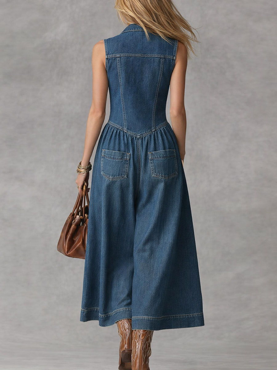 Women's Sleeveless Casual Loose Denim Wide-leg Jumpsuit With Lapel Collar