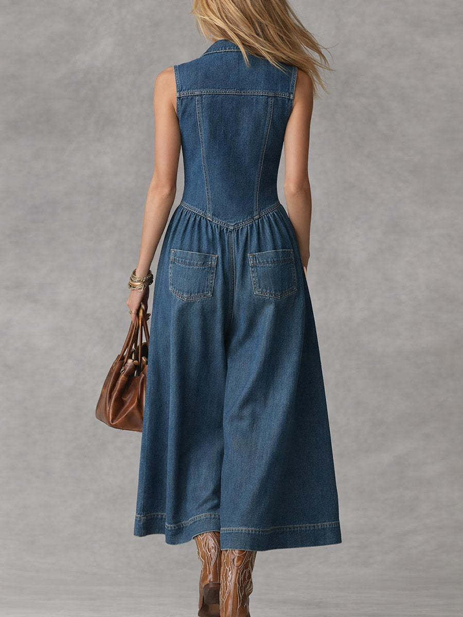 Women's Sleeveless Casual Loose Denim Wide-leg Jumpsuit With Lapel Collar