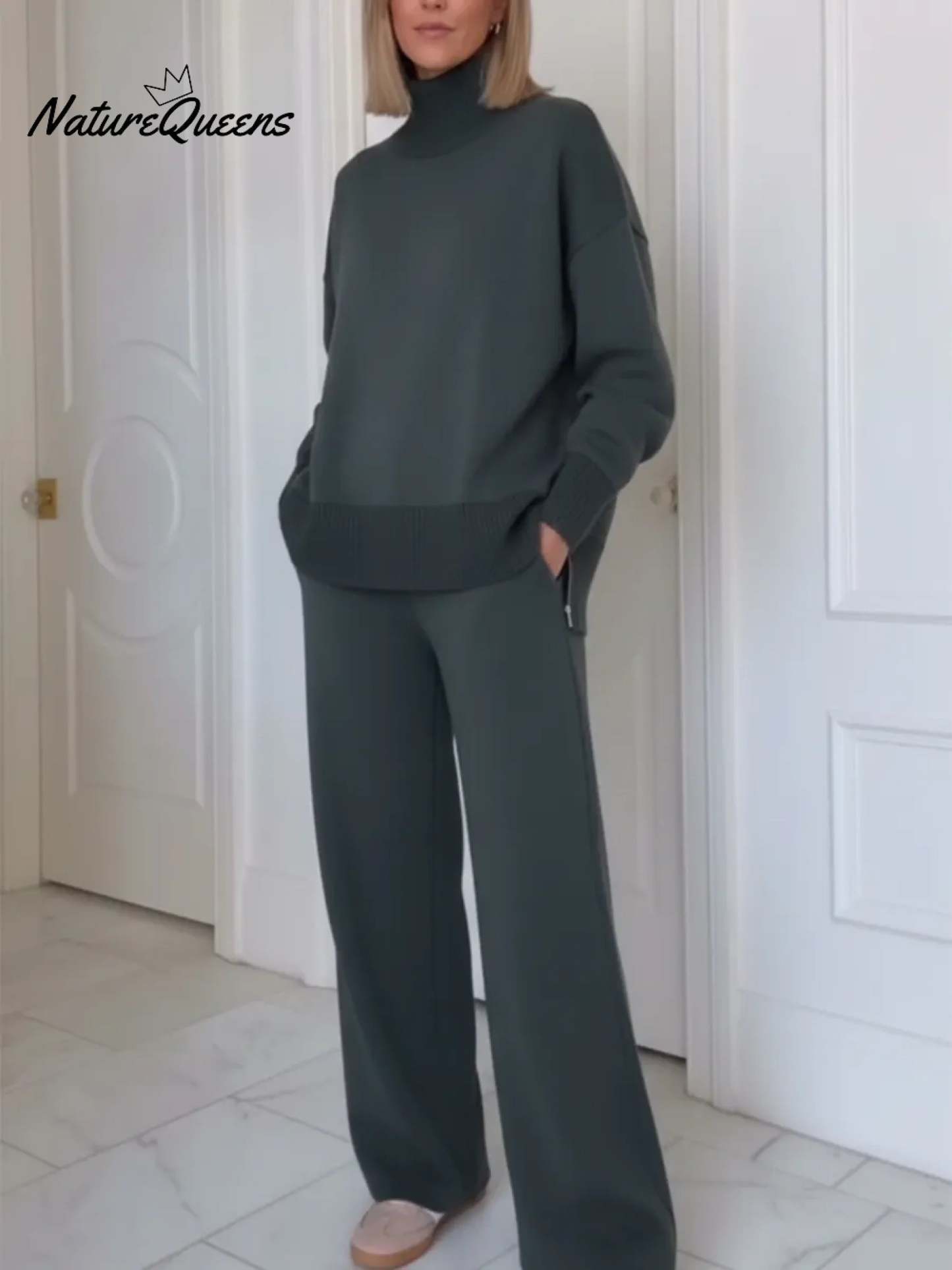 Casual Travel Stand Collar Side Zipper Top Straight Pants Two-Piece Set