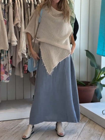 Women's Solid-color Round-neck Sleeveless Casual Loose Cotton-linen Dress & Round-neck 3/4-sleeve Blouse Set