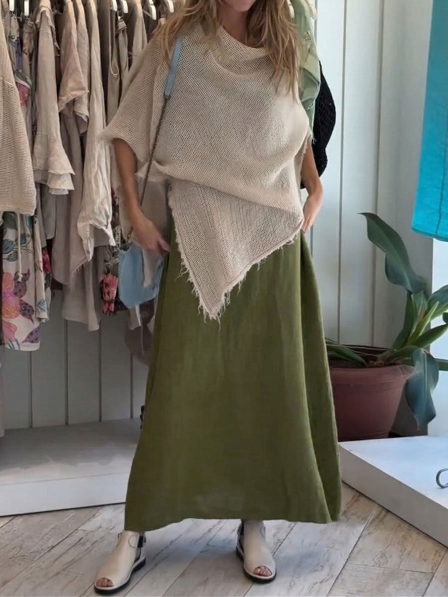 Women's Solid-color Round-neck Sleeveless Casual Loose Cotton-linen Dress & Round-neck 3/4-sleeve Blouse Set