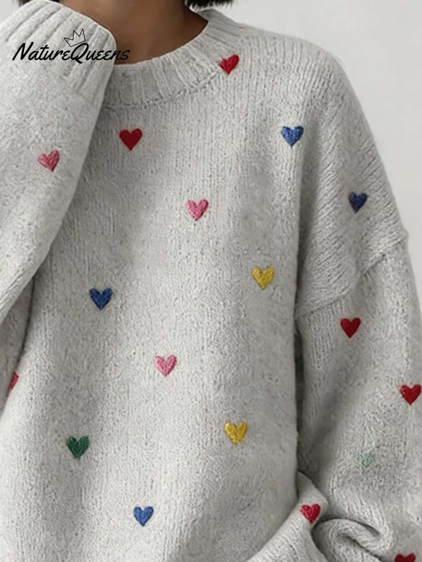 Women'S Casual Loose-Fitting Round-Neck Sweater With Heart Embroidery