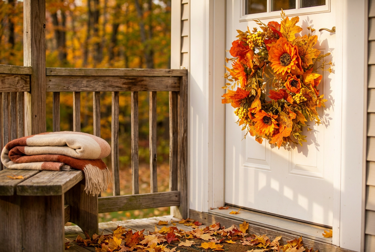 Ruth and Lily wiring a harvest wreath by hand in the Stowe garden shed