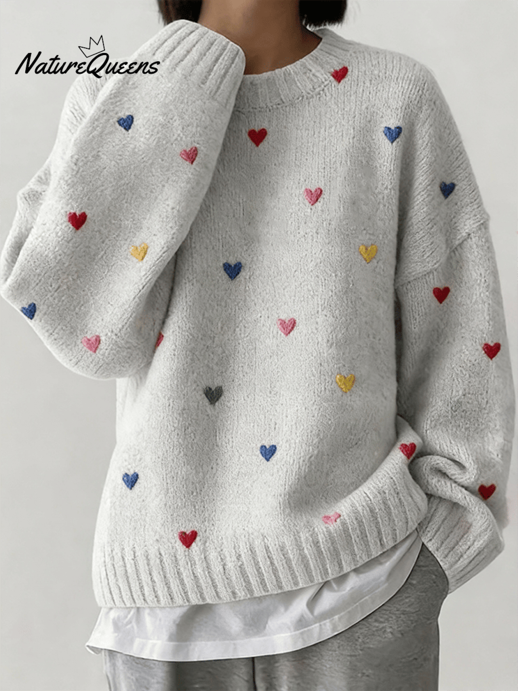 Women'S Casual Loose-Fitting Round-Neck Sweater With Heart Embroidery