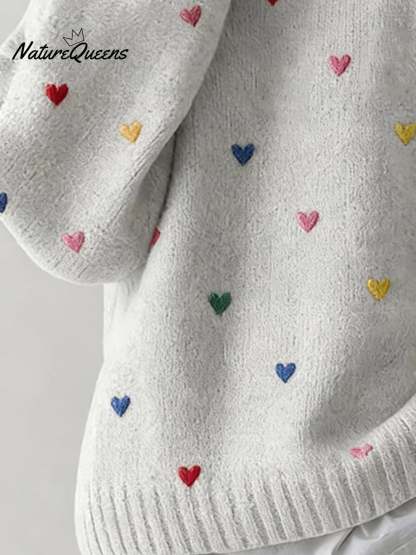 Women'S Casual Loose-Fitting Round-Neck Sweater With Heart Embroidery