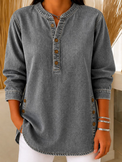 Women's Retro V-neck Long-sleeved Casual Button-up Loose Denim Top