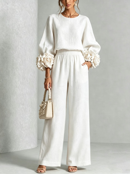 Chic 3D Rosette Sleeve Two-Piece Set