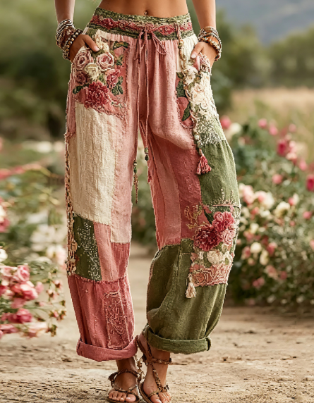 Vintage 3D Floral Printed Straight-Leg Trousers, High Elastic Waist Linen Wide Leg Pants, Elegant Bohemian Casual Women's Long Pants