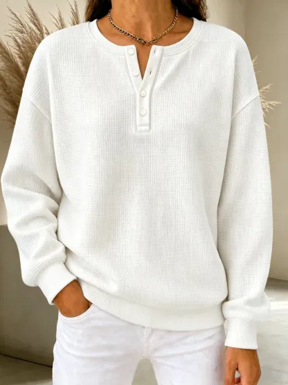 CLEARANCE SALE🔥Women's Waffle Knit Henley Sweatshirt