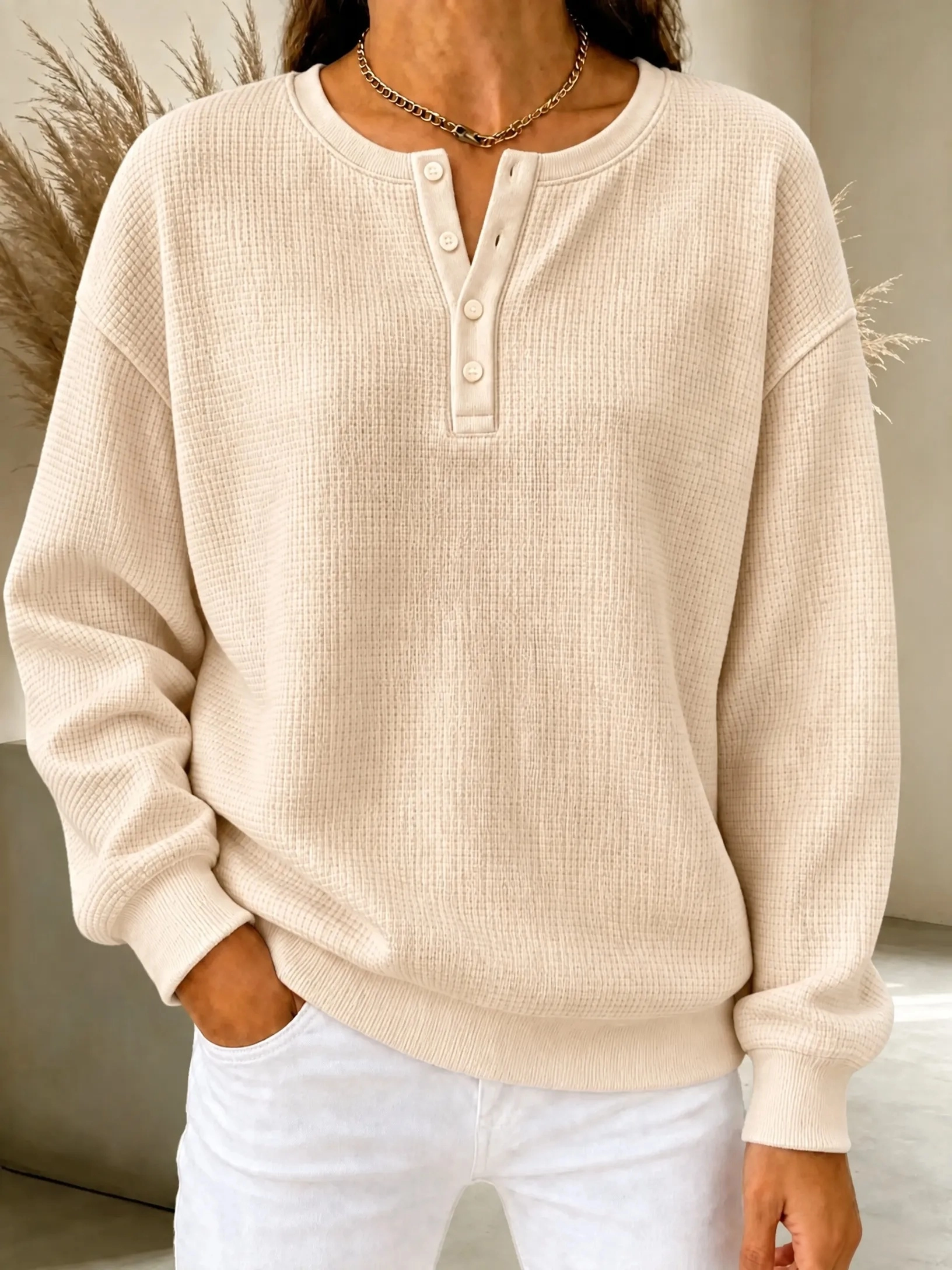 CLEARANCE SALE🔥Women's Waffle Knit Henley Sweatshirt