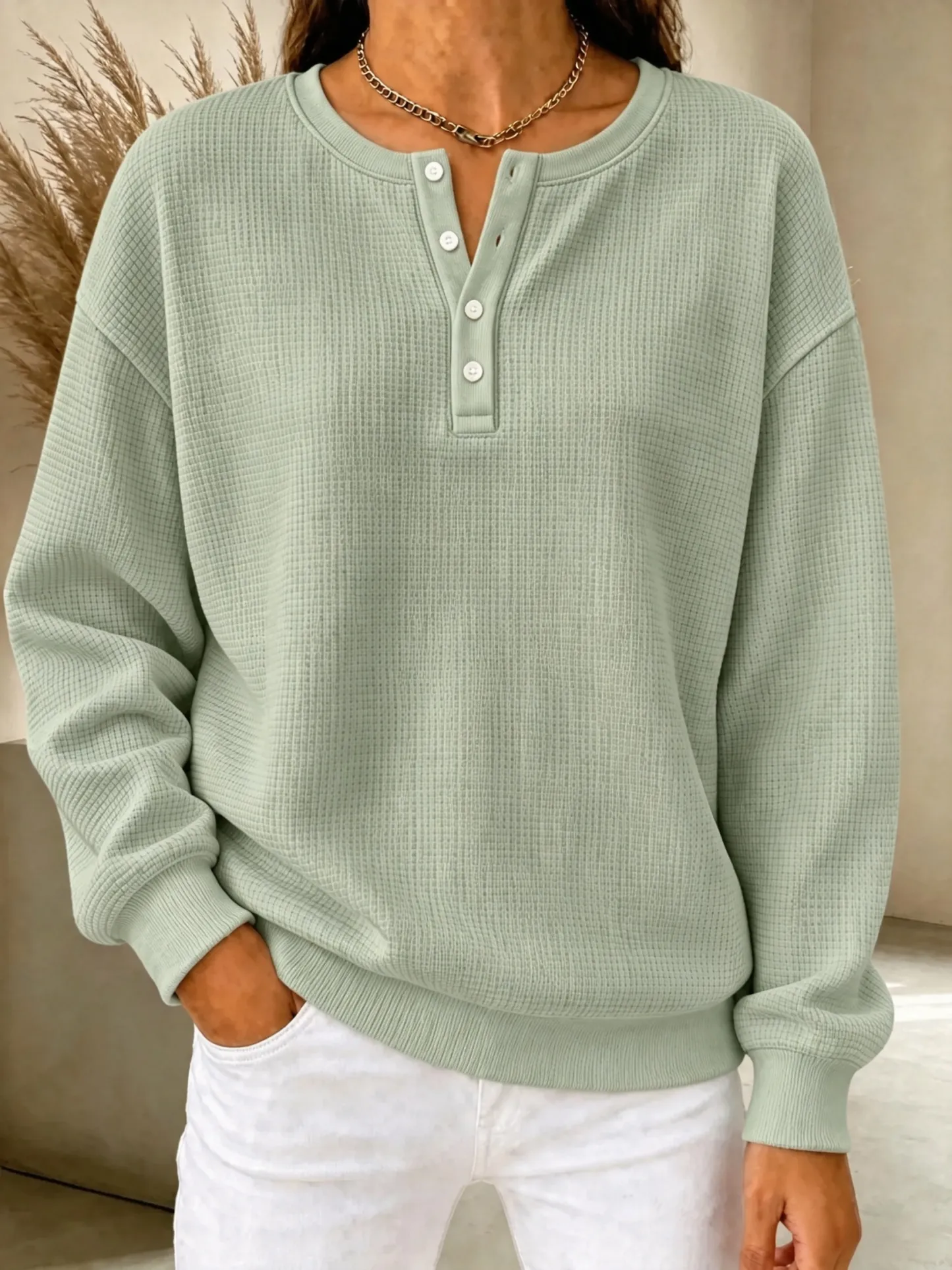 CLEARANCE SALE🔥Women's Waffle Knit Henley Sweatshirt