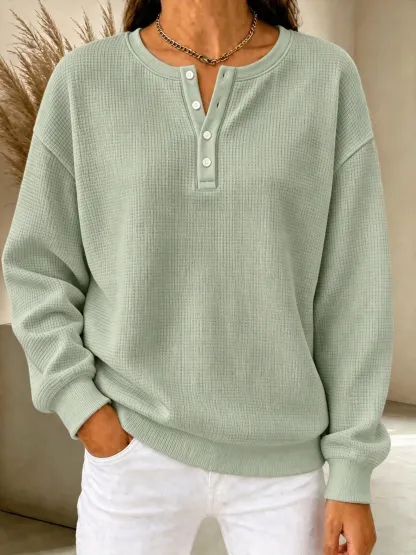 CLEARANCE SALE🔥Women's Waffle Knit Henley Sweatshirt