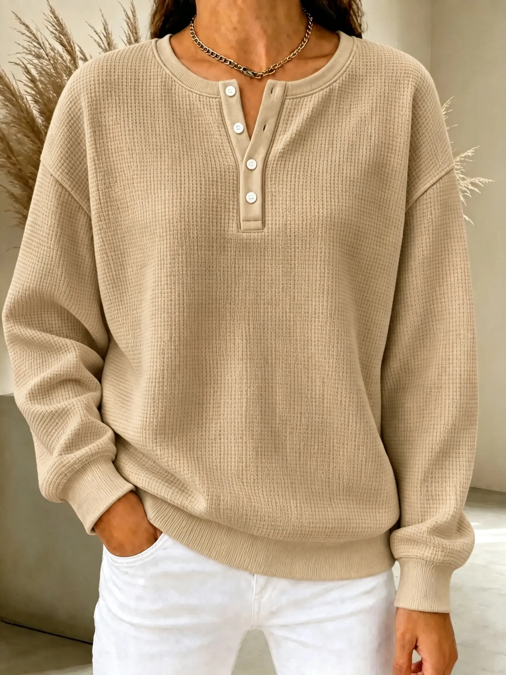 CLEARANCE SALE🔥Women's Waffle Knit Henley Sweatshirt