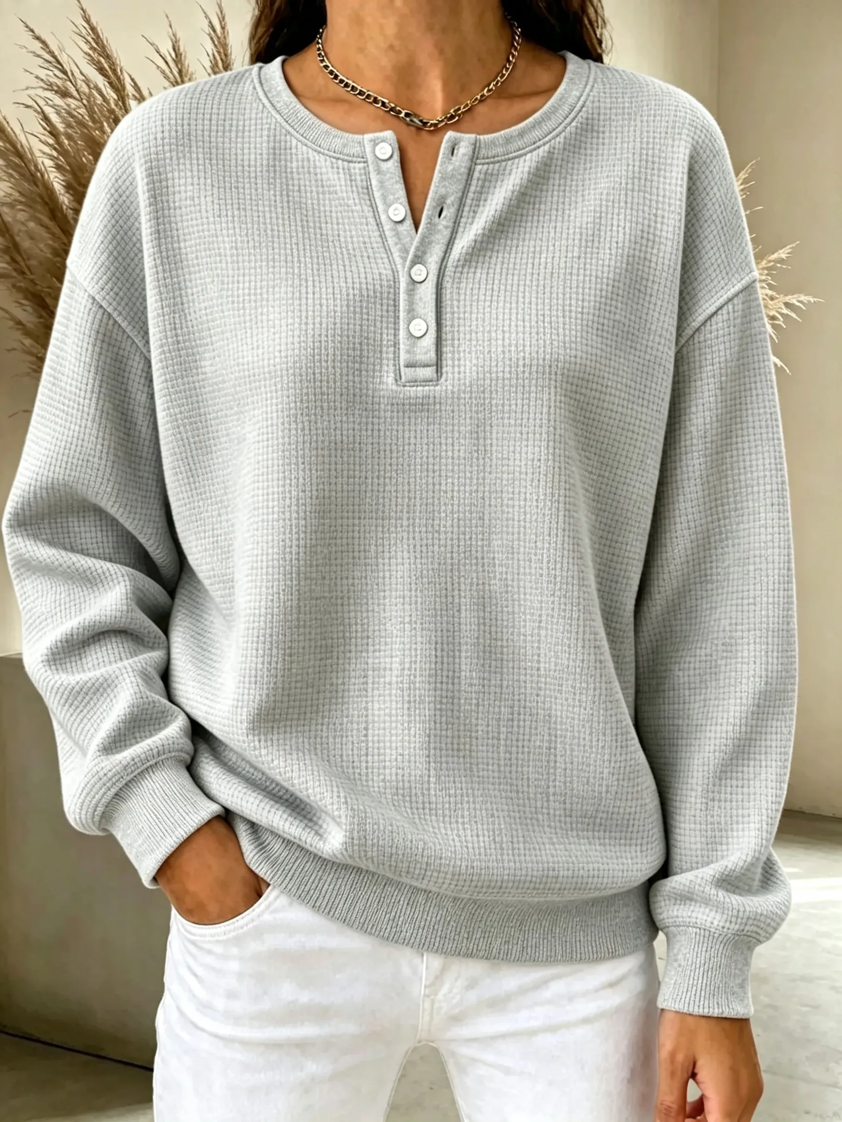 CLEARANCE SALE🔥Women's Waffle Knit Henley Sweatshirt
