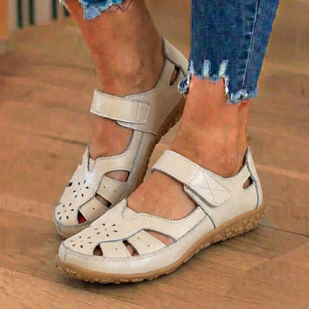Orthopedic Leather Mary Jane Sandals - Perforated Design & Grip Sole