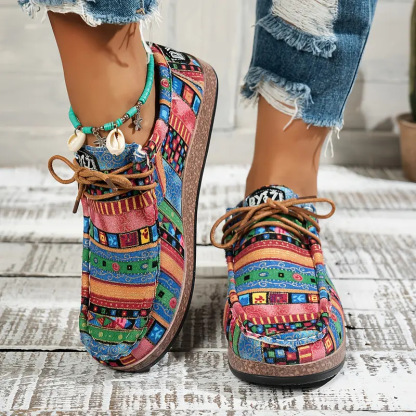 Women's Ethnic-Style Lace-Up Canvas Orthopedic Flats with Colorful Graffiti Print