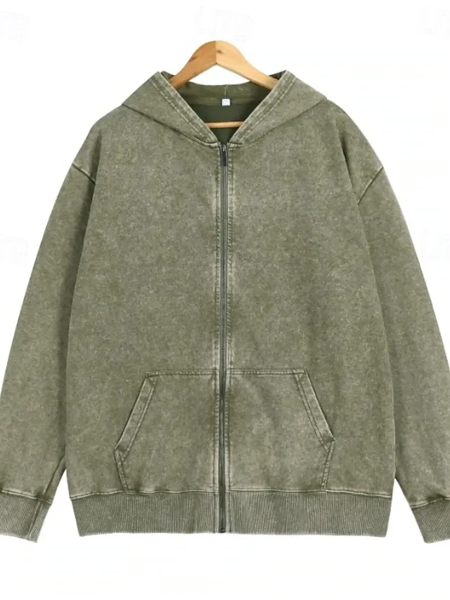 Women's Cotton Vintage wash Zip Up Hoodies Plain Active Vintage Casual Long Sleeve Hooded Regular Tops