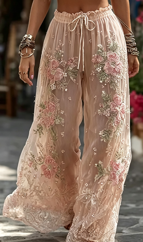 Vintage 3D Floral Printed Straight-Leg Trousers, High Elastic Waist Linen Wide Leg Pants, Elegant Bohemian Casual Women's Long Pants