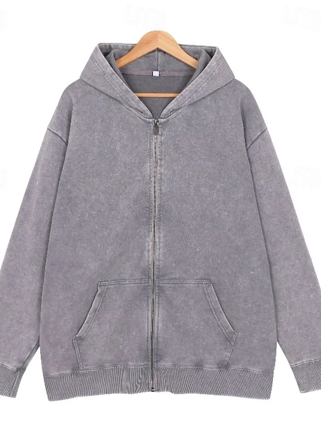 Women's Cotton Vintage wash Zip Up Hoodies Plain Active Vintage Casual Long Sleeve Hooded Regular Tops