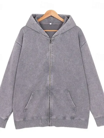 Women's Cotton Vintage wash Zip Up Hoodies Plain Active Vintage Casual Long Sleeve Hooded Regular Tops