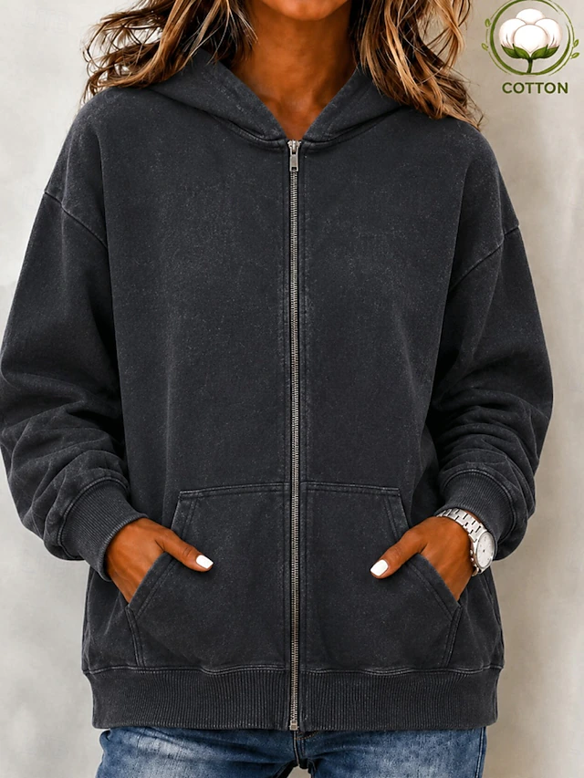 Women's Cotton Vintage wash Zip Up Hoodies Plain Active Vintage Casual Long Sleeve Hooded Regular Tops