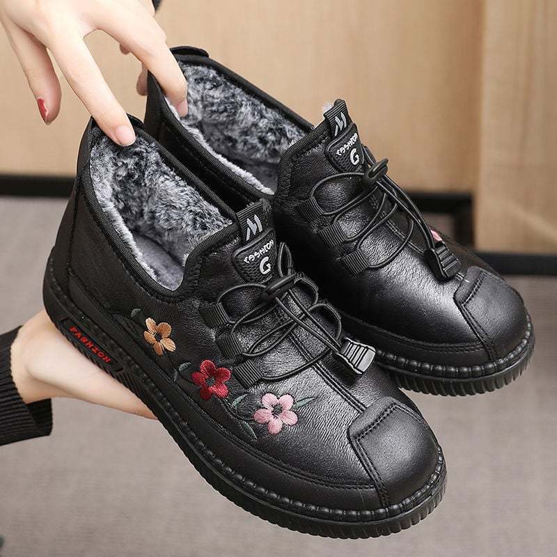 Leather Fur Moccasins Women Loafers for Elderly Females Soft Warm