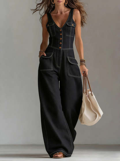 Women's Casual Denim Jumpsuit With Wide-leg Pants