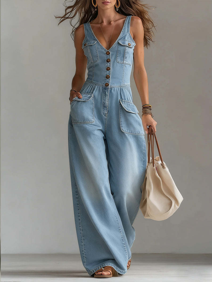 Women's Casual Denim Jumpsuit With Wide-leg Pants