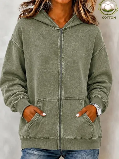 Women's Cotton Vintage wash Zip Up Hoodies Plain Active Vintage Casual Long Sleeve Hooded Regular Tops