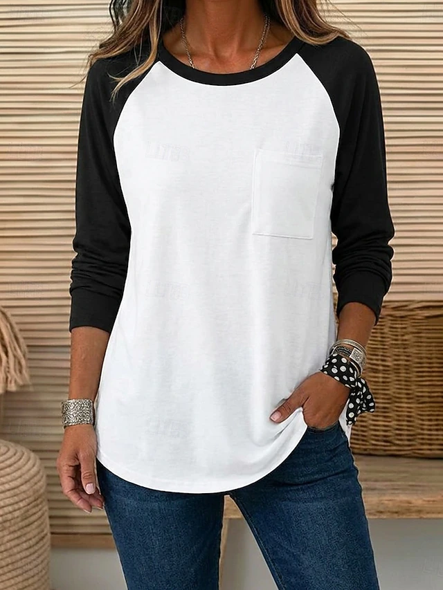 Women's Cotton Blend Tunic Patchwork Pocket Pullover Color Block Vintage Long Sleeve Crew Neck Casual White Pink Apricot Grey Fall