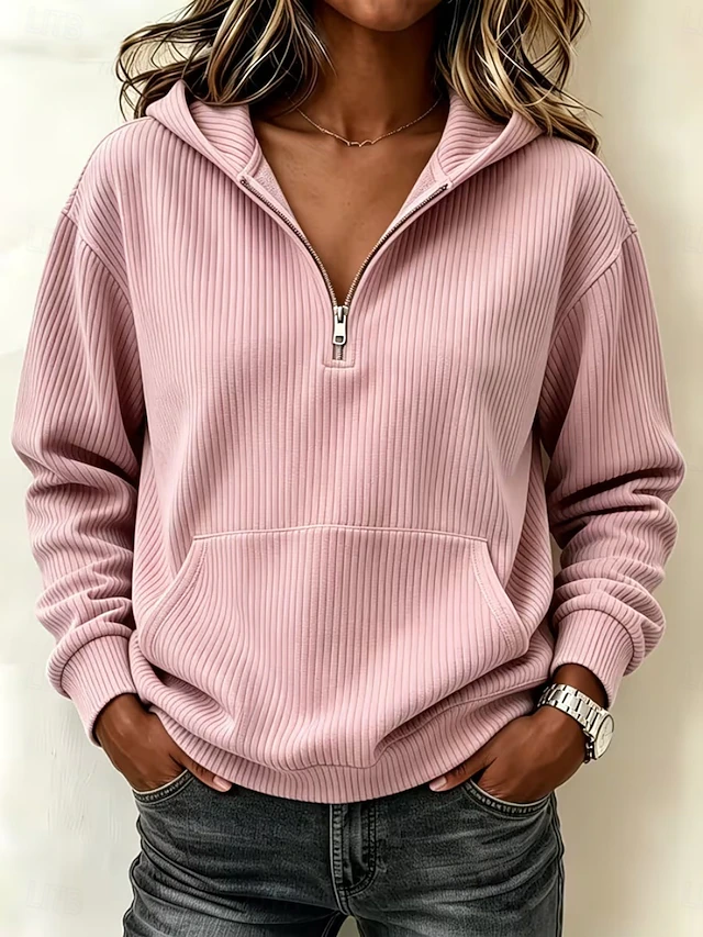 Women's Shirt Velvet Zipper Solid Color Casual Long Sleeve Hooded Regular Tops