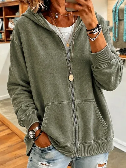 Women's Cotton Vintage wash Zip Up Hoodies Plain Active Vintage Casual Long Sleeve Hooded Regular Tops