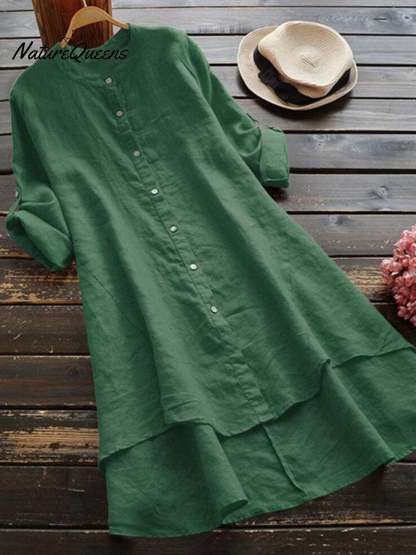 Women's Solid Color Loose Elegant Casual Cotton And Linen Shirt Dress