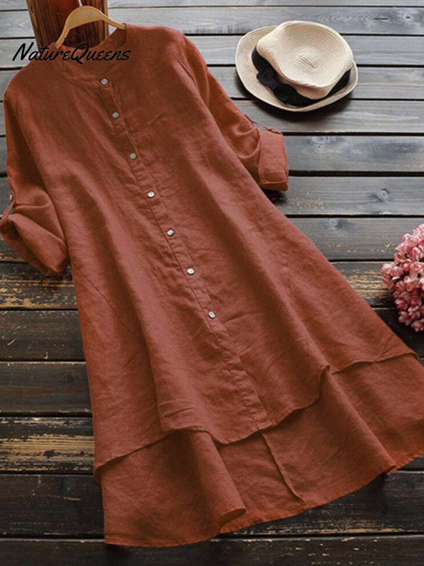 Women's Solid Color Loose Elegant Casual Cotton And Linen Shirt Dress