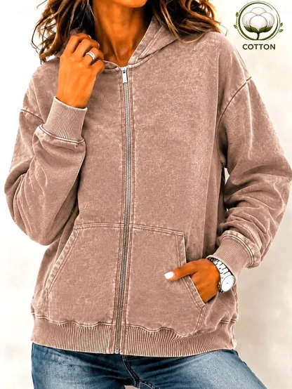 Women's Cotton Vintage wash Zip Up Hoodies Plain Active Vintage Casual Long Sleeve Hooded Regular Tops