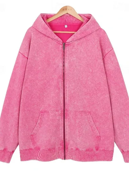 Women's Cotton Vintage wash Zip Up Hoodies Plain Active Vintage Casual Long Sleeve Hooded Regular Tops