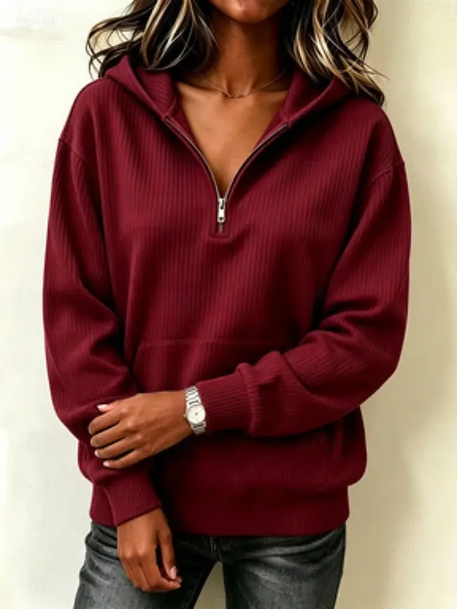 Women's Shirt Velvet Zipper Solid Color Casual Long Sleeve Hooded Regular Tops